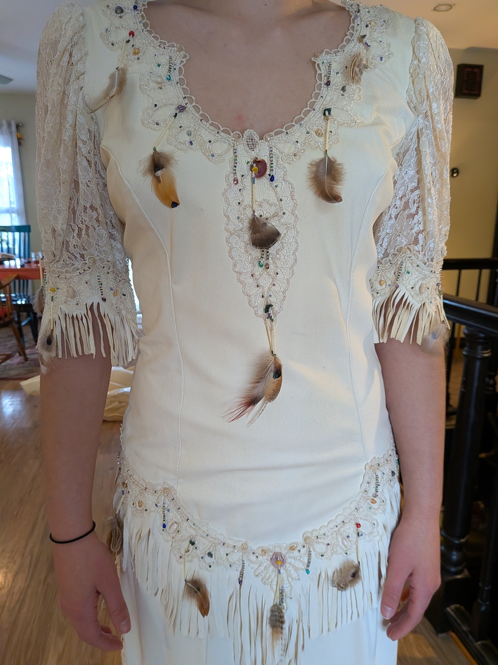 Cream Lace & Feather Embellished Women's Top